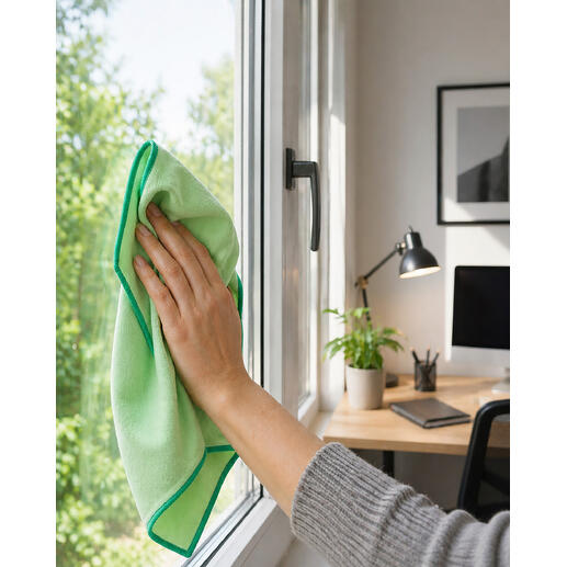 Hand veegt met een groene raamdoek een raam in een moderne werkkamer.