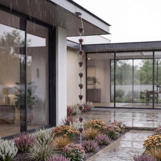 Regenketting van kegels hangt naast een modern huis tijdens de regen.