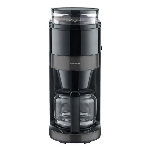 Premium filterkoffiemaker met maalwerk, zwarte machine met glazen kan.