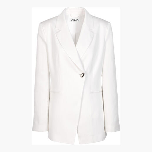 Voorkant van een witte linnen-lyocell blazer op een witte achtergrond.