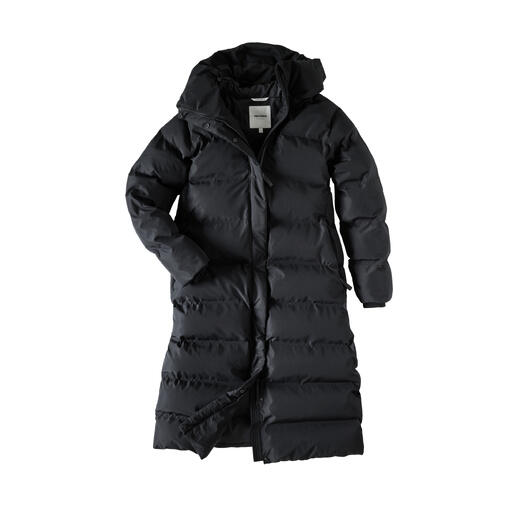 Zwarte heren puffer parka met capuchon, open liggend.