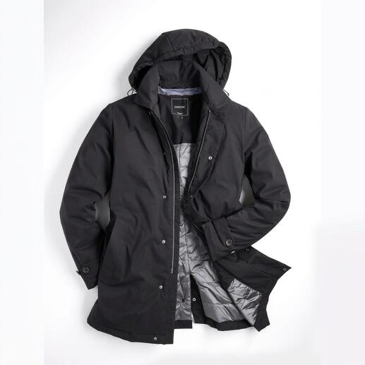 Zwarte businesscoat met zichtbare capuchon en voering