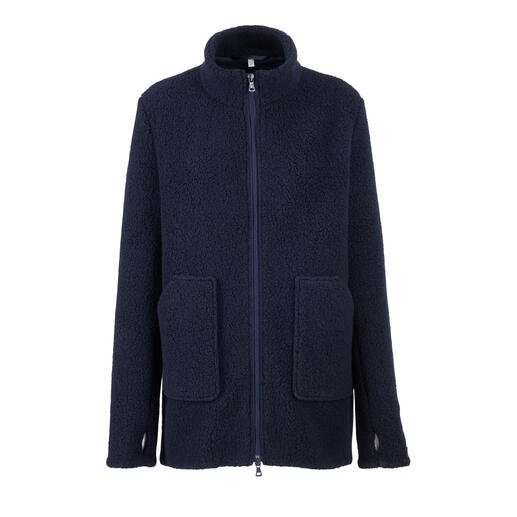 Vooraanzicht van de wollen sherpa fleecejack in donkerblauw met een rits.