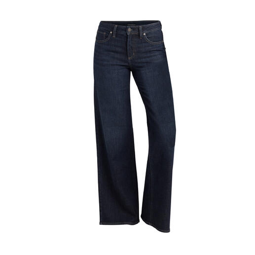 Donkerblauwe comfortabele jeans in vooraanzicht.
