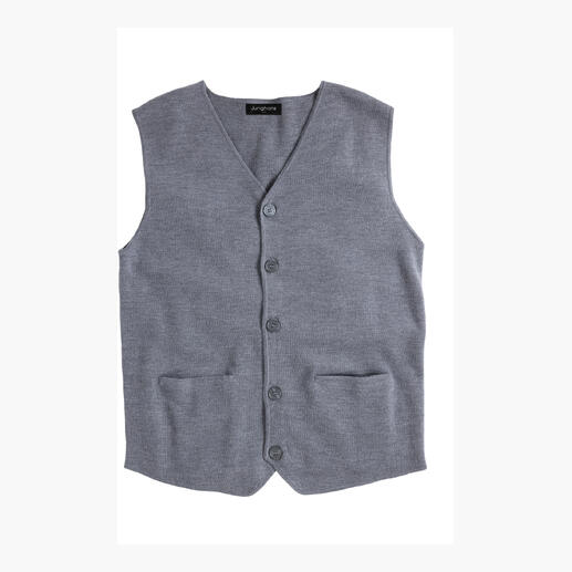 Grijze Milano-edelvest met knopen en twee zakken.