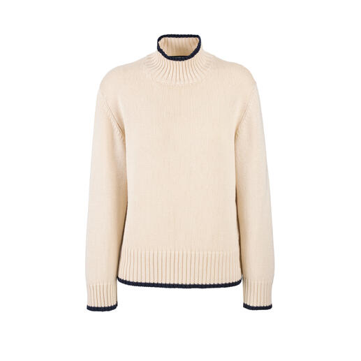Beige lyocell-wollen trui met hoge kraag en geribbelde onderkant.
