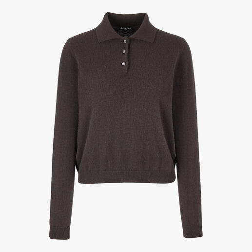 Dames kasjmier polo in bruin met knopen en lange mouwen.