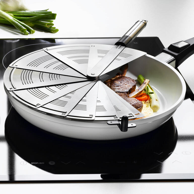 Spatbescherming uit staal in een pan met vis en groenten.