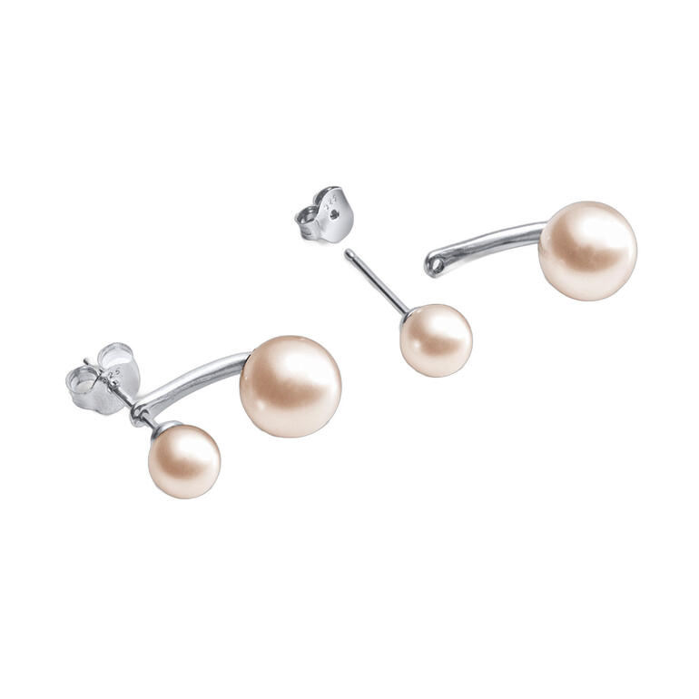 2-in-1 oorbellen met zwevende parels in zilver, elegant gepresenteerd.