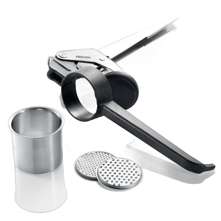 Cilinder, 2 mm schijfinzet, 3 mm schijfinzet, pureeknijper. Profi-aardappelpers Force One met twee zeefplaten in zilver en zwart.