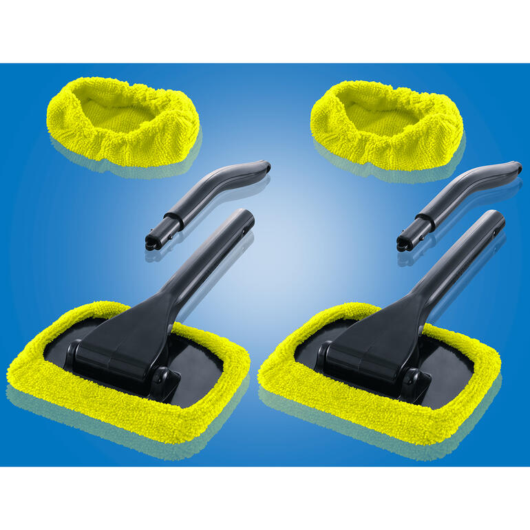 Autoruiten reiniger, set van 2 Twee auto-ruitenreinigers en accessoires op een blauwe achtergrond.