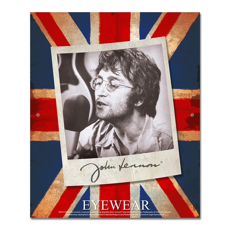 2014© Yoko Ono Lennon. Licensed exclusively by Bag One Arts. Lennon™ and John Lennon™ are Trademarks of Yoko Ono Lennon. Reproducing copyrighted and trademarked materials/images is prohibited. Eyewear licensed to Eagle Eyewear Inc. Retro-poster van John Lennon met zijn handtekening.