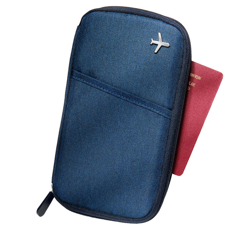 travel-organizer RFID-reisorganizer in blauw met vliegtuigapplicatie.