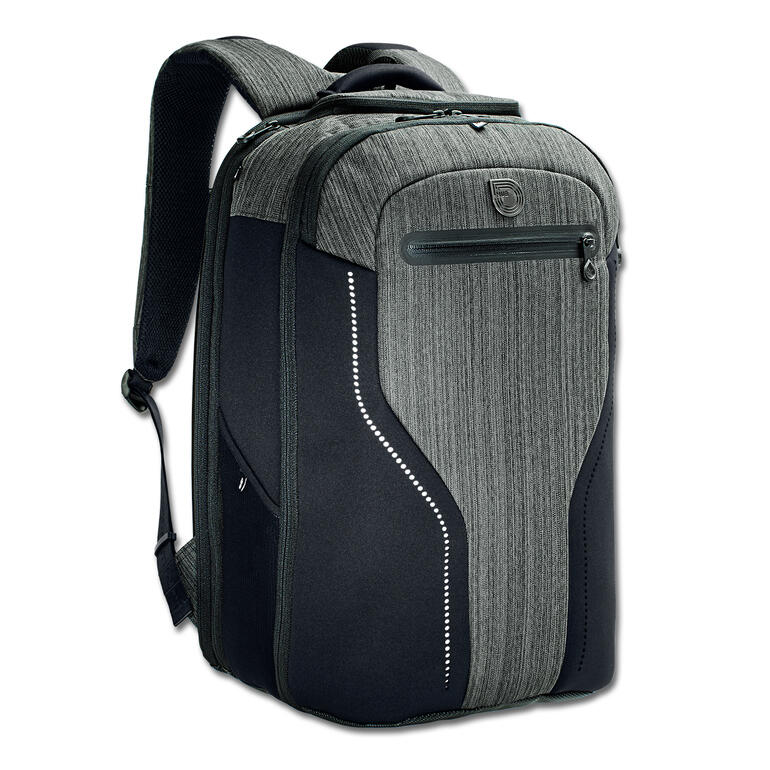 Zwarte 3-in-1 rugzak met ergonomische schouderbanden en meerdere vakken.