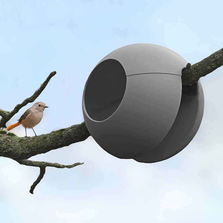 Donkergrijze voederhuis voor vogels met een vogel ernaast.