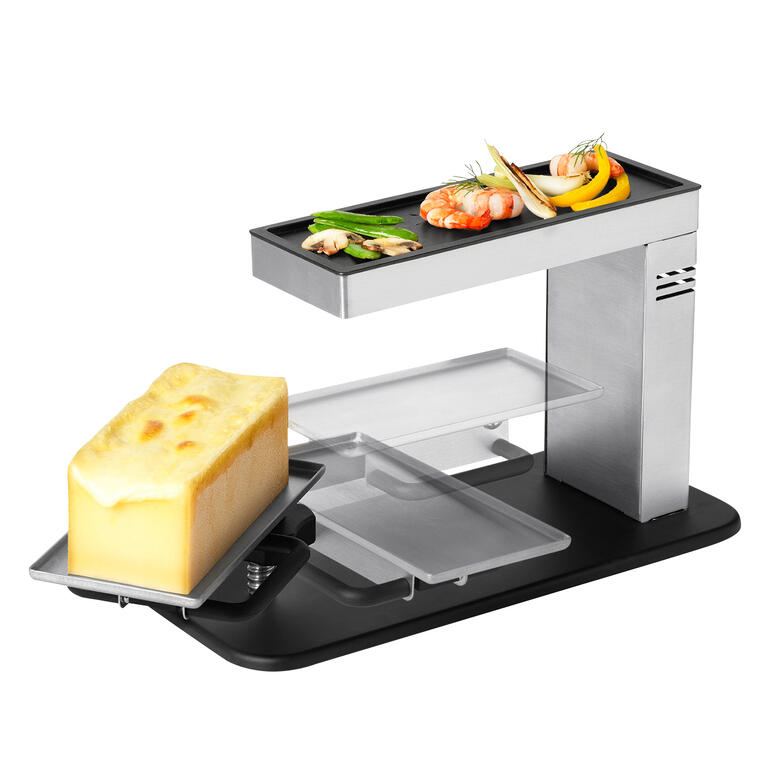 Originele Zwitserse raclette Swing Raclette-grill met een schijf kaas op een compacte grill.