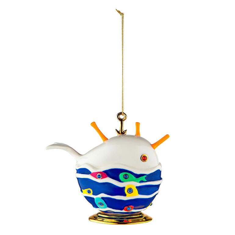 Decoratieve bal Fleurs de Jori in de vorm van een walvis met kleurrijke details.