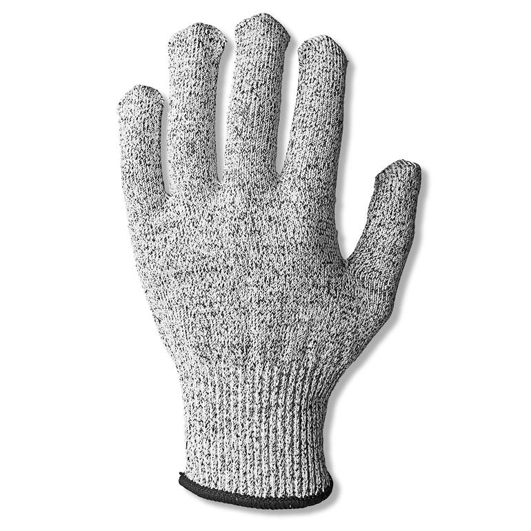 Grijze en witte beschermhandschoen voor veilig werken in de keuken.