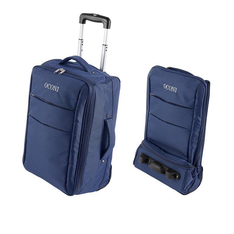 Heel gemakkelijk compact en plat in elkaar te vouwen. Twee weergaven van de blauwe OCONI-vouwtrolley, gesloten en geopend, met meerdere zakken.