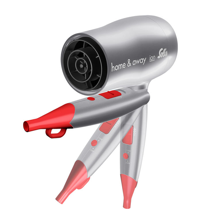 Solis compacte haardroger home & away Compact föhn met een plat, zwart-rood ontwerp en een versterkte hulp.