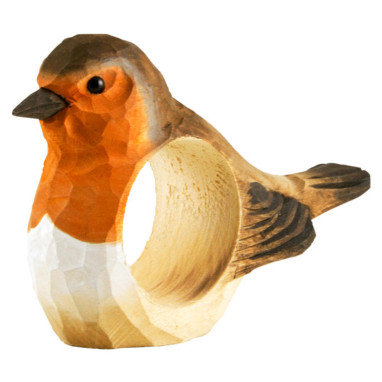Servetringen vogels, set van 6 Vogel als servethouder in oranje en bruin op een witte achtergrond.