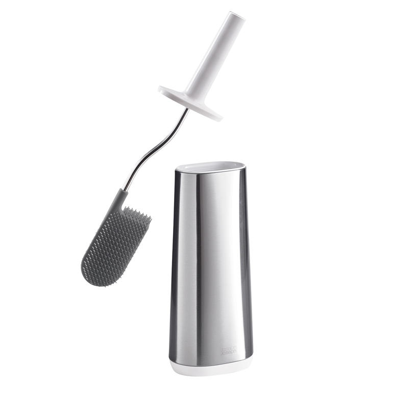 Met de borstel aan de bovenkant kunt u gemakkelijk onder de toiletrand schoonmaken. Flexibele siliconen toiletborstel met houder in een modern ontwerp