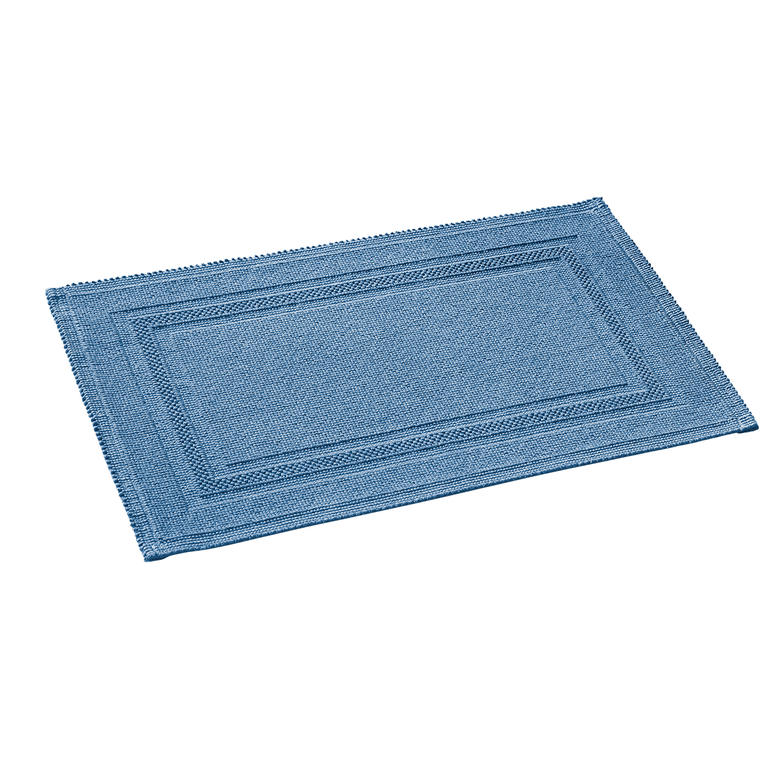 Lintvrije badmat in blauw, 60 x 90 cm, op een gladde vloer.