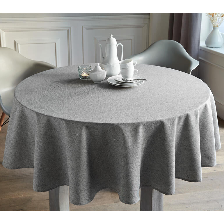 natuur/zwart-mix Grijs, ronde linnen-look tafelkleed op een tafel