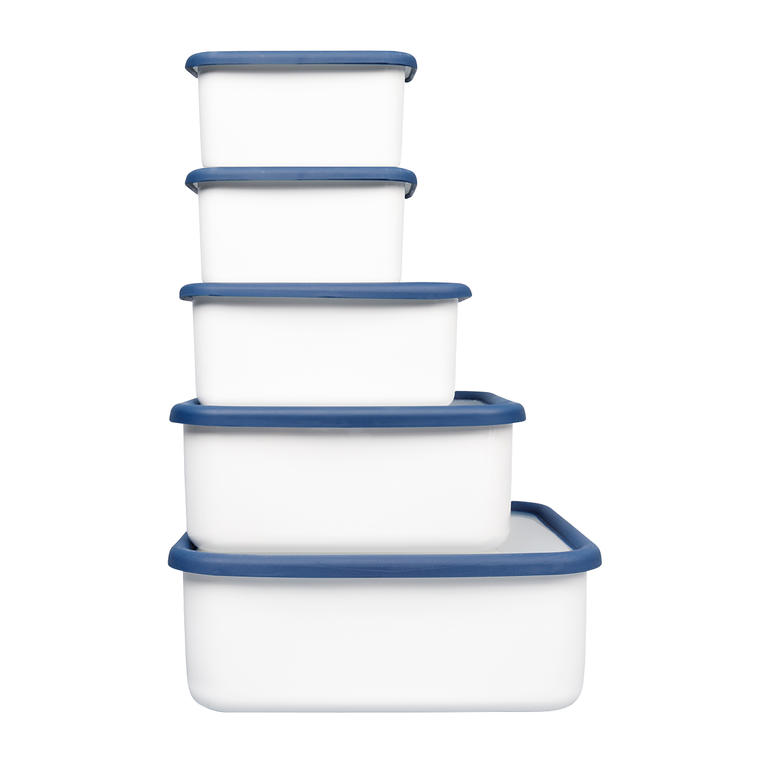 Naar wens ook in 5-delige set van verschillende formaten te bestellen (2x 0,7 l, 1,12 l, 1,9 l, 2,8 l). 5-delige set multifunctionele emaille dozen in verschillende maten.