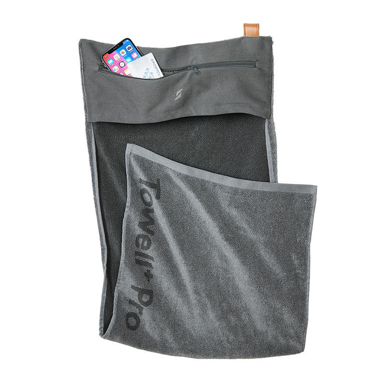 Ingewerkte ritszak voor sleutels, lidmaatschapspas, smartphone etc. Grijze magnetische sporthanddoek met verborgen zak voor smartphone.