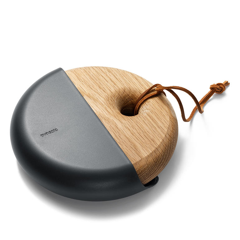 Sweep tafelstofzuiger set met ronde houten bovenkant en grijze kunststof.
