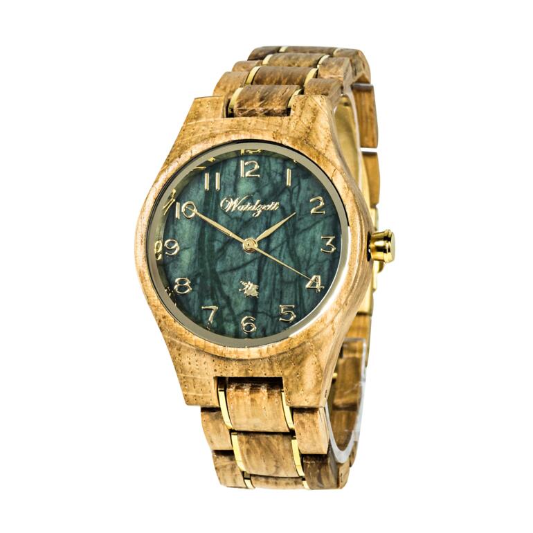 Dameshorloge Barrique met groen wijzerplaat en houten armband.