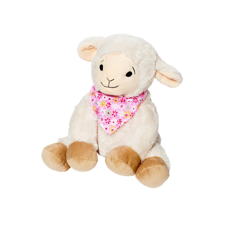 Knuffelschaap, roze Zittend knuffel-schaap met een roze bandana.