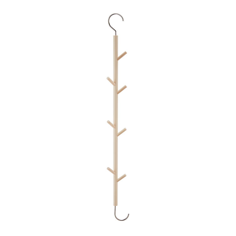 Jas, hondenriem, sjaal, tas, kinderjas, … voor alles is een plek. Hanghaak met zes planken van licht hout.