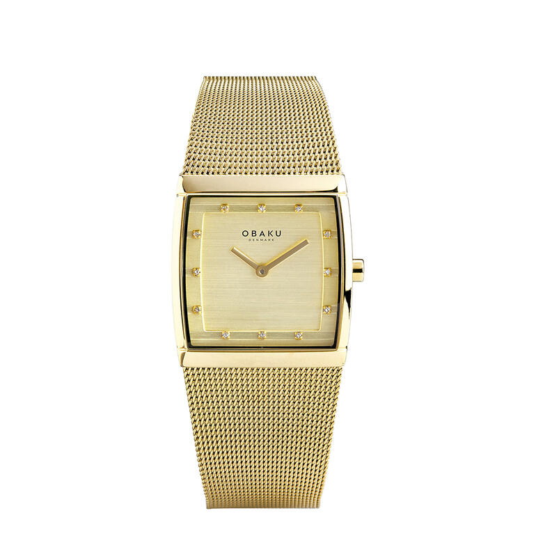 dameshorloge, goud Obaku vierkante dameshorloge in goud met glitterend wijzerplaat.