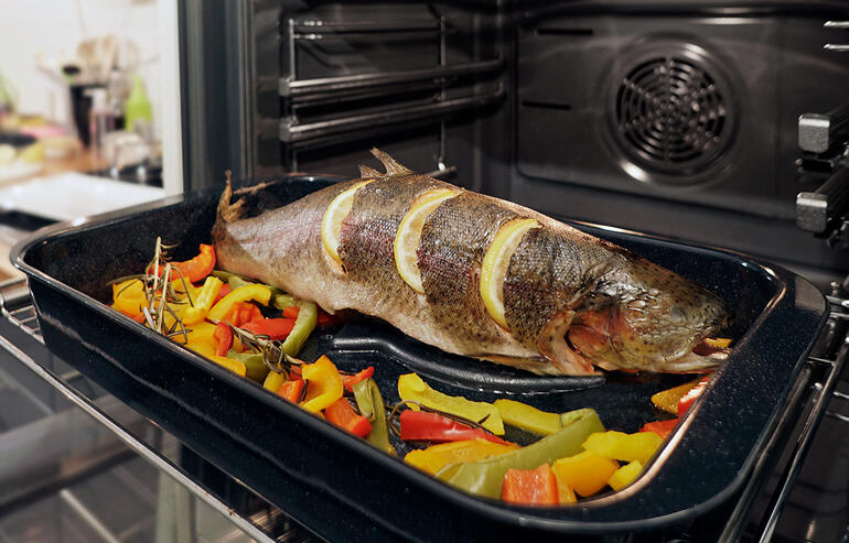 Gekookte vis met groenten in een oven