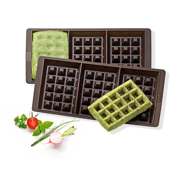 Siliconenwafelbakvorm, set van 2 Silikon wafelvormpjes, 2-delig, gevuld met groene massa.