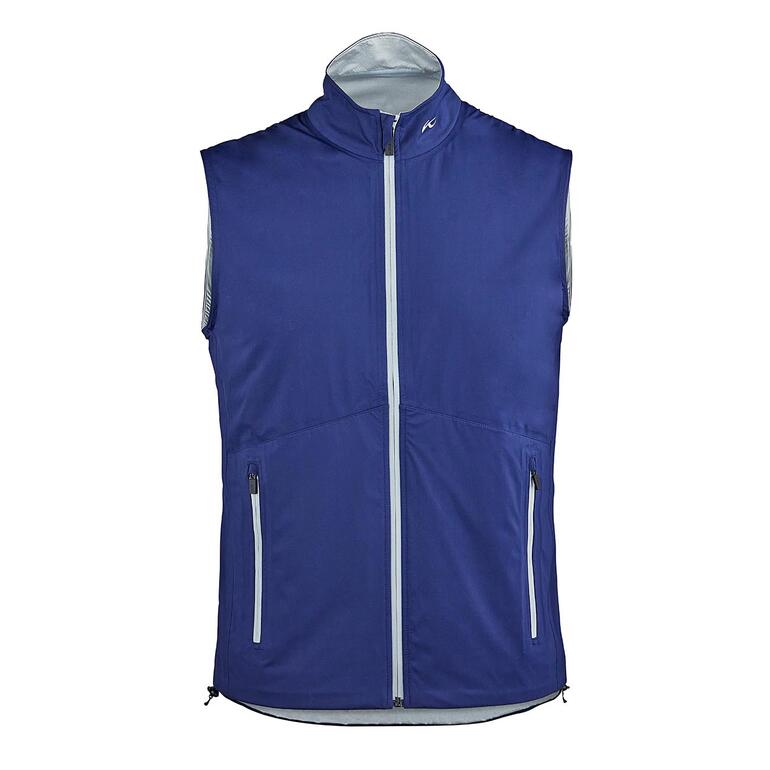 Blauwe mouwloze vest met rits en zijzakken.