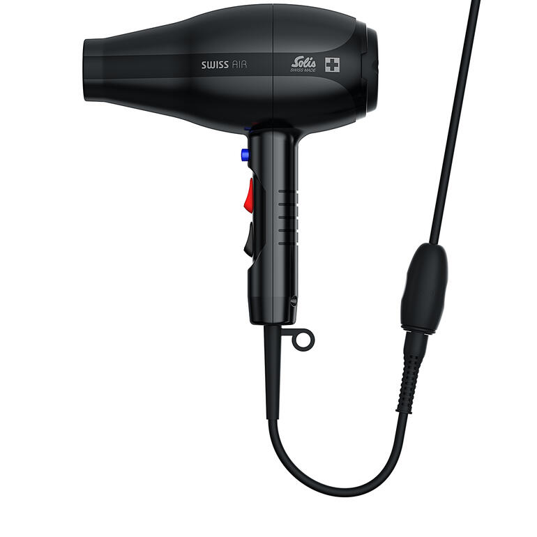 Solis föhn Swiss Air Solis haardroger Swiss Air in zwart met kabel voor een witte achtergrond.