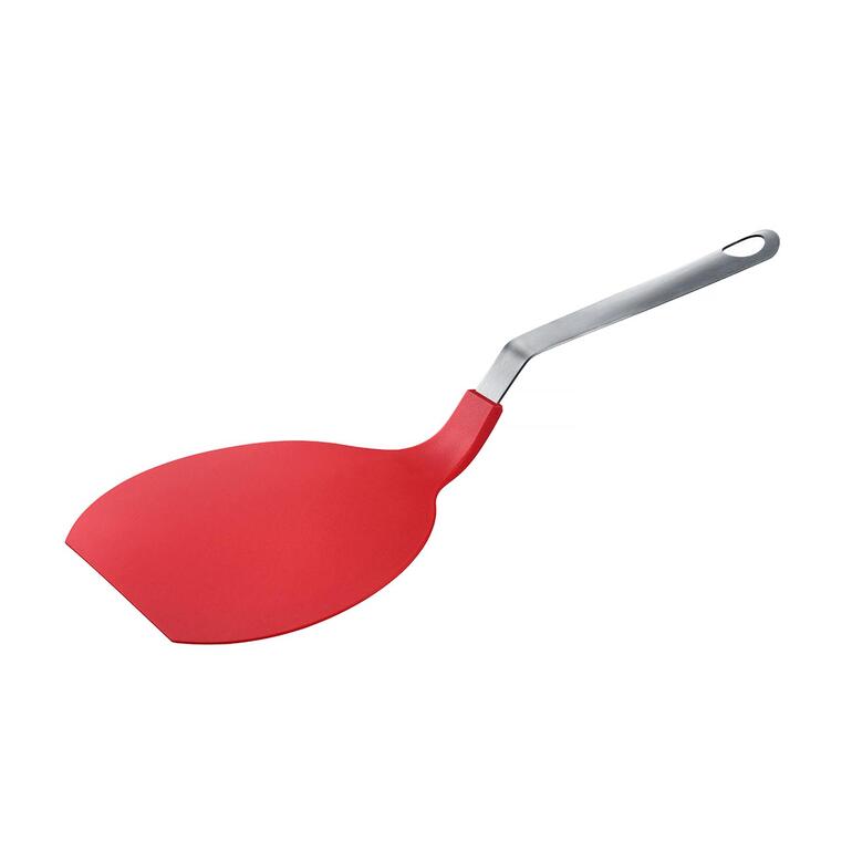 XXL-pannenlikker in detail, met een rode silicone oppervlakte en een roestvrijstalen handvat.