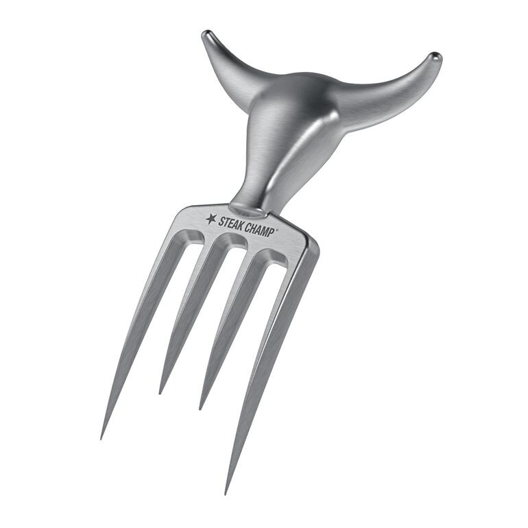 Stalen Bull Fork met drie tanden op een witte achtergrond.