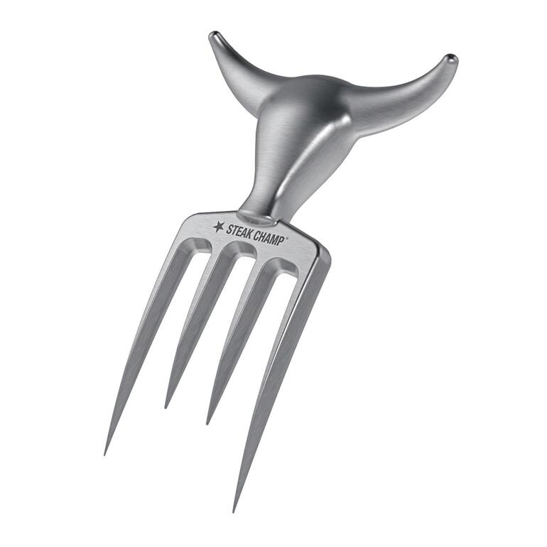Stalen Bull Fork met drie tanden op een witte achtergrond.