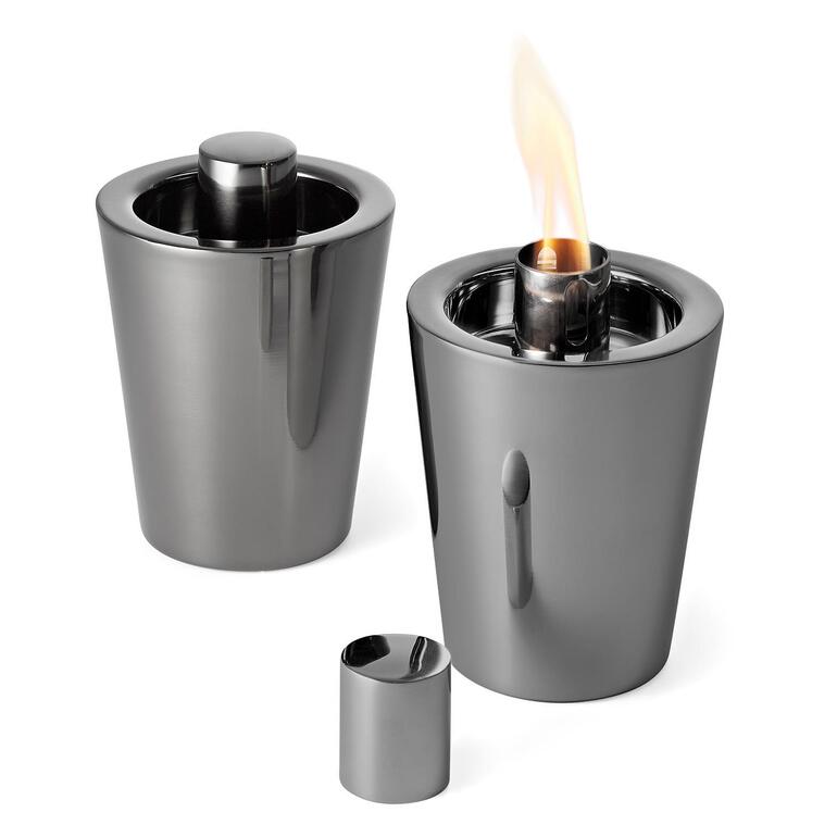 Tafelfakkel, set van 2 Twee tafel fakkels uit metallic materiaal, één met vlam.
