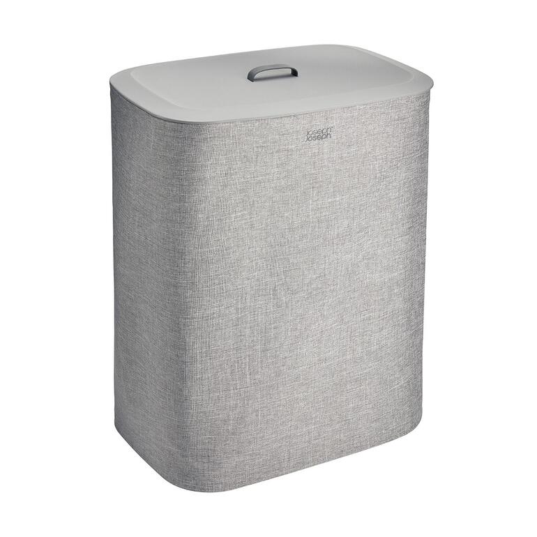 Wasmand, 2 compartimenten, lichtgrijs Wasmachine met gesloten deksel op een lichte achtergrond.
