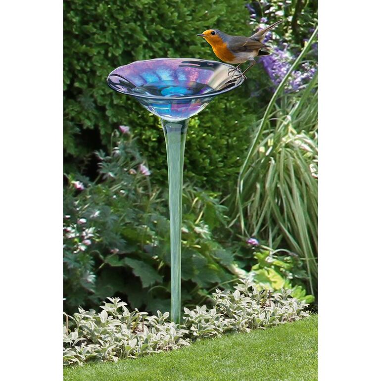 Regenboogglas vogelbad met een vogel die erop zit.