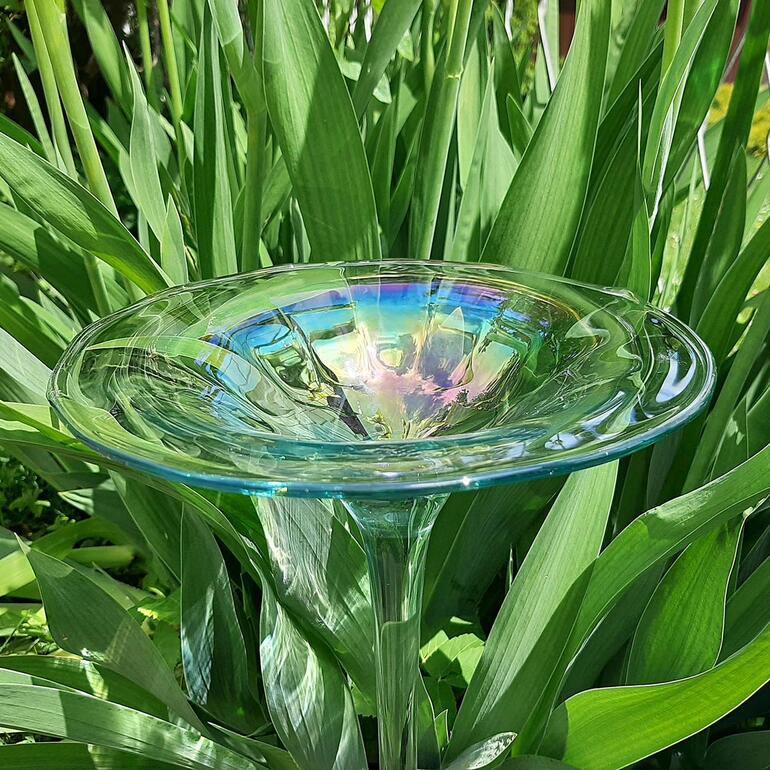 Vogeldrinkplaats van regenboogglas Regenboogglas vogelbad tussen hoge planten.