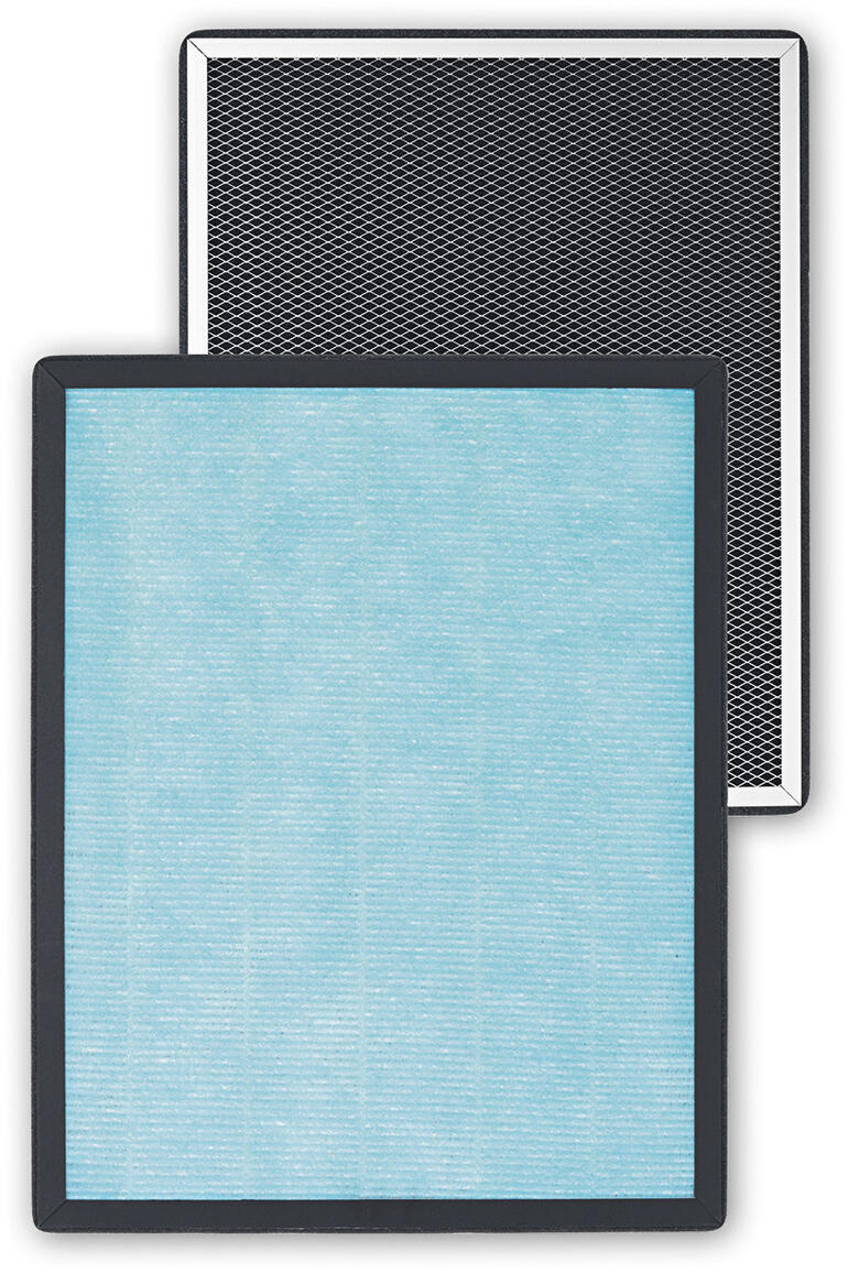 Twee vervangingsfilters voor luchtreiniger, een met lichtblauwe filter en een met zwart ontwerp.