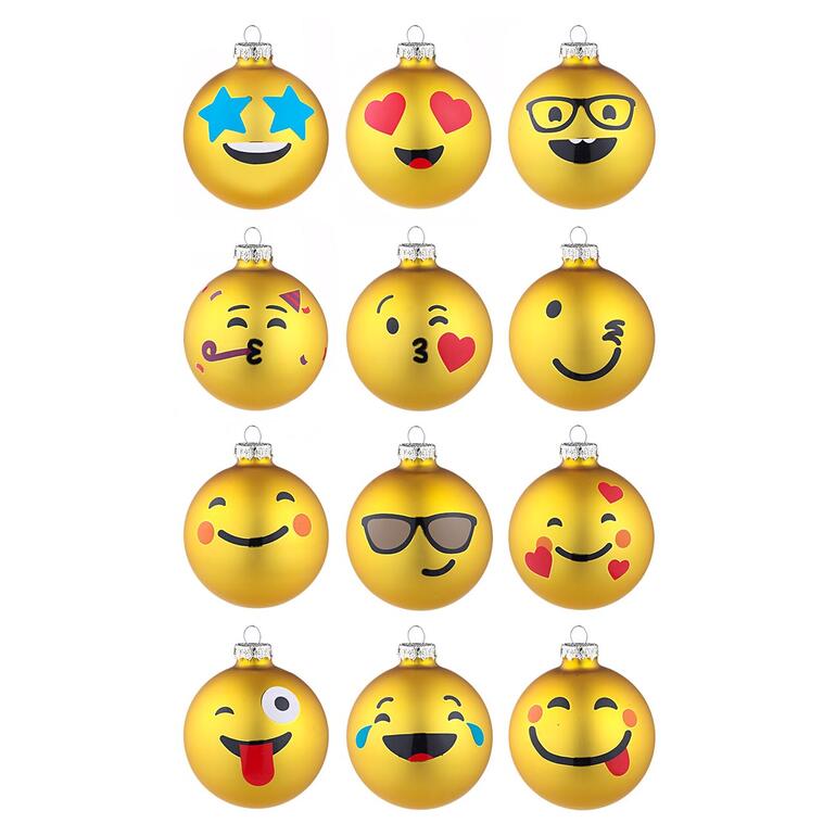 12 emoji-kerstballen in een rij op een witte achtergrond
