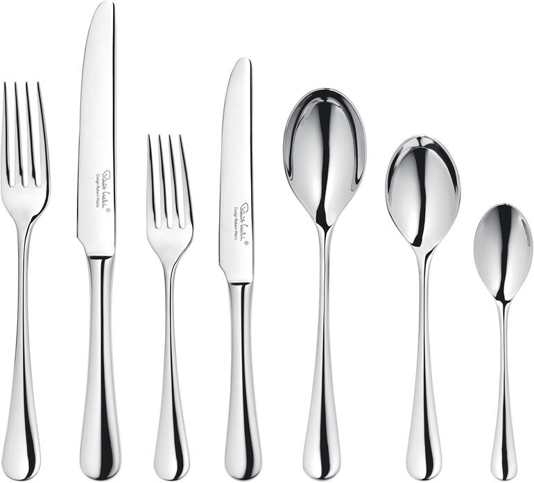 De 42-delige set bevat: 6 vorken, 6 messen, 6 amusevorken, 6 amusemessen, 6 eetlepels, 6 dessertlepels, 6 theelepels. Set designbestek Radford op een witte achtergrond.