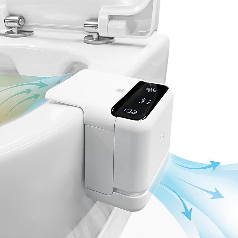 Bijna geruisloos zuigt de AirCube de lucht uit de toiletpot en neutraliseert de geurmoleculen – voor een natuurlijk fris binnenklimaat. AirCube luchtzuiveringssysteem met luchtstromen